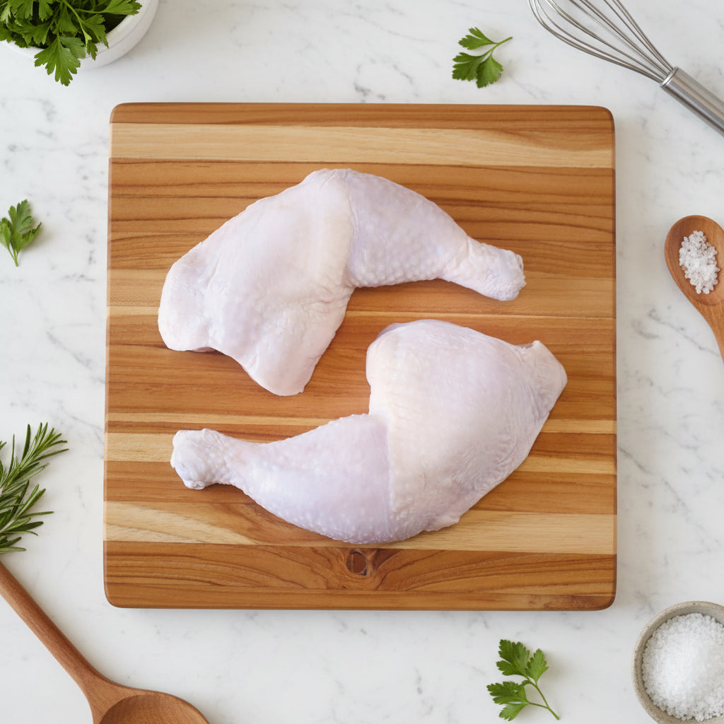 Two raw chicken legs on a wooden surface
